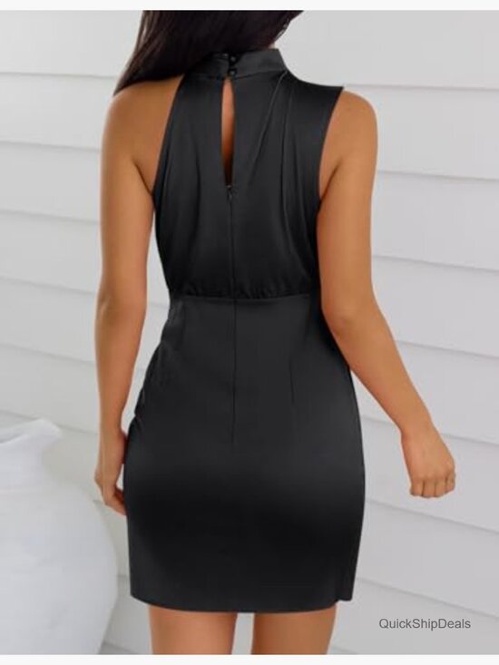 Satin Sleeveless Halter Neck Wrap Bodycon Cocktail Mini Dress - Picture 4 of 7